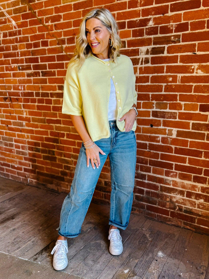 The Soft Landing Button Down Half Sleeve Cardigan, Butter Yellow