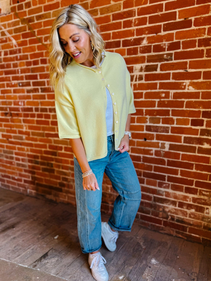 The Soft Landing Button Down Half Sleeve Cardigan, Butter Yellow