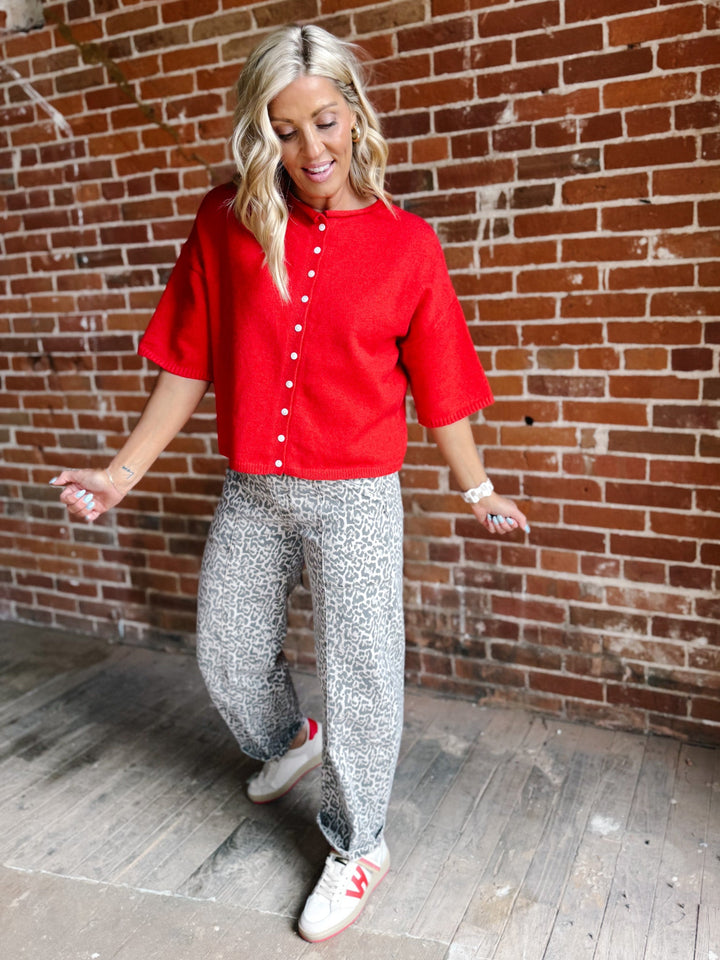 The Soft Landing Button Down Half Sleeve Cardigan, Red