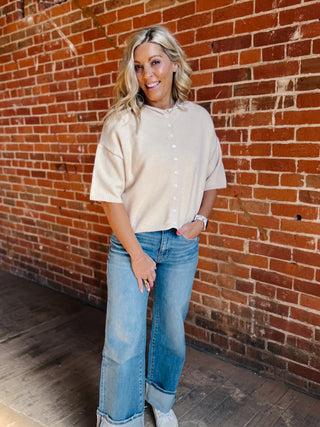 The Soft Landing Button Down Half Sleeve Cardigan, Sand