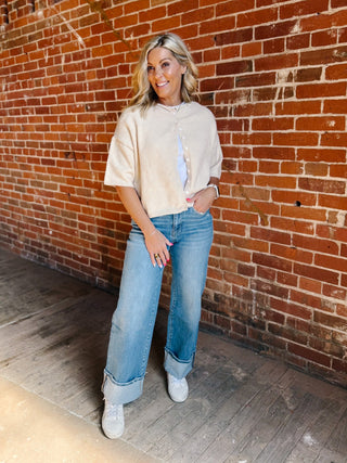 The Soft Landing Button Down Half Sleeve Cardigan, Sand
