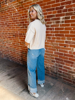 The Soft Landing Button Down Half Sleeve Cardigan, Sand