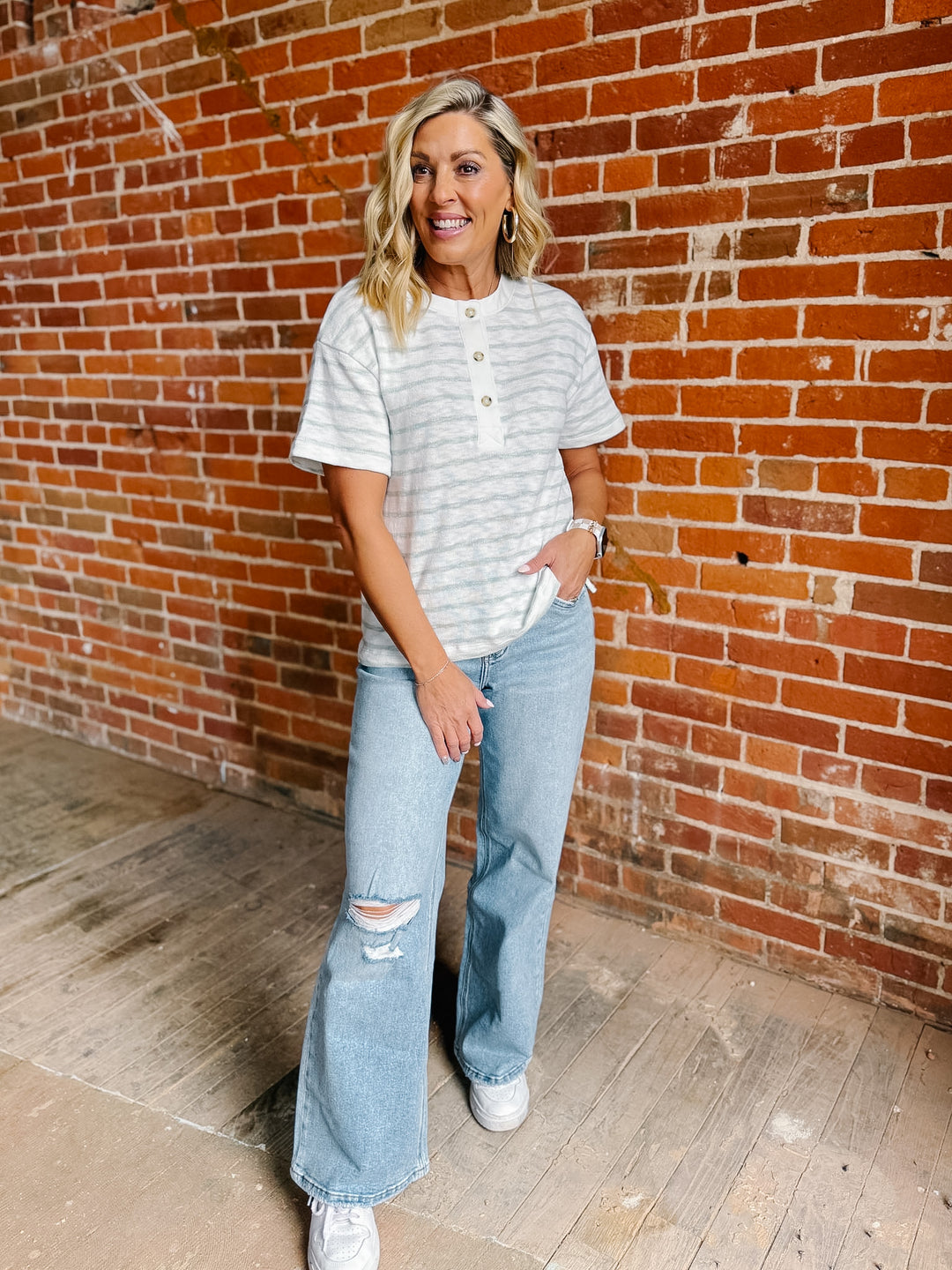 The Sunday Henley Striped Cotton Boxy Henley Top, Sage Green