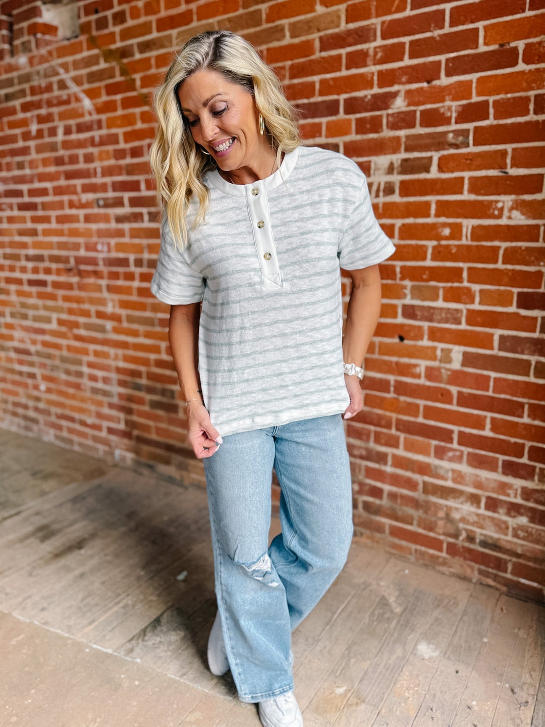 The Sunday Henley Striped Cotton Boxy Henley Top, Sage Green