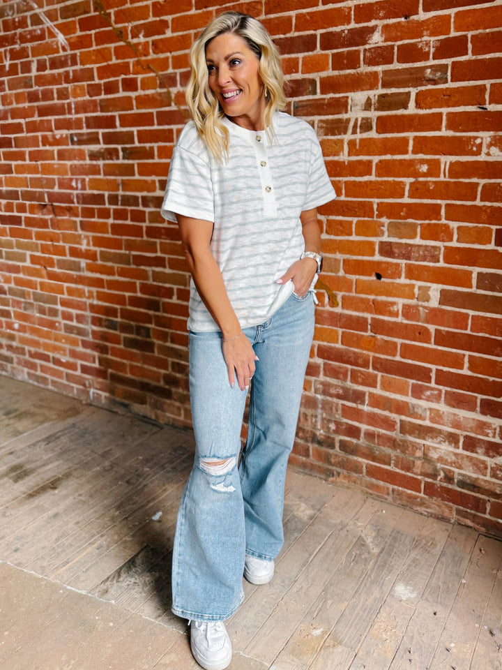 The Sunday Henley Striped Cotton Boxy Henley Top, Sage Green