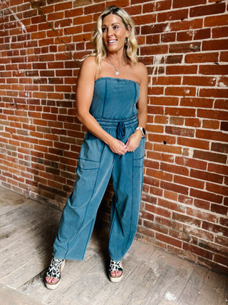 The Seaside Mineral Wash Strapless Jumpsuit, Teal
