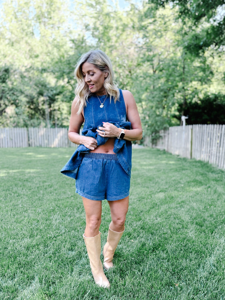 Throw-On and Go Elastic Waist Denim Shorts, Dark Wash