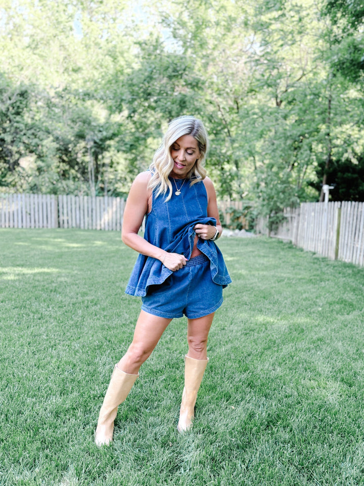 Throw-On and Go Elastic Waist Denim Shorts, Dark Wash