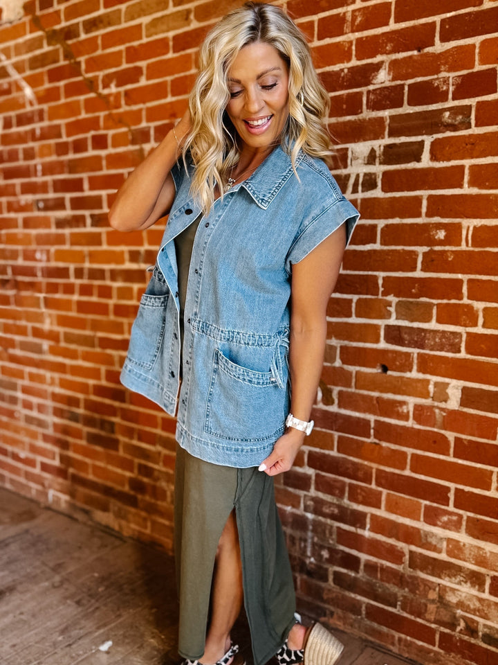 Tie It Together Oversized Denim Vest, Medium Wash