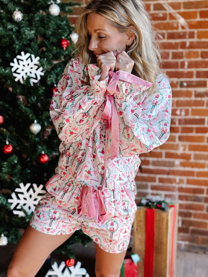 Toy Soldier & Bow Satin Pajamas, Pink