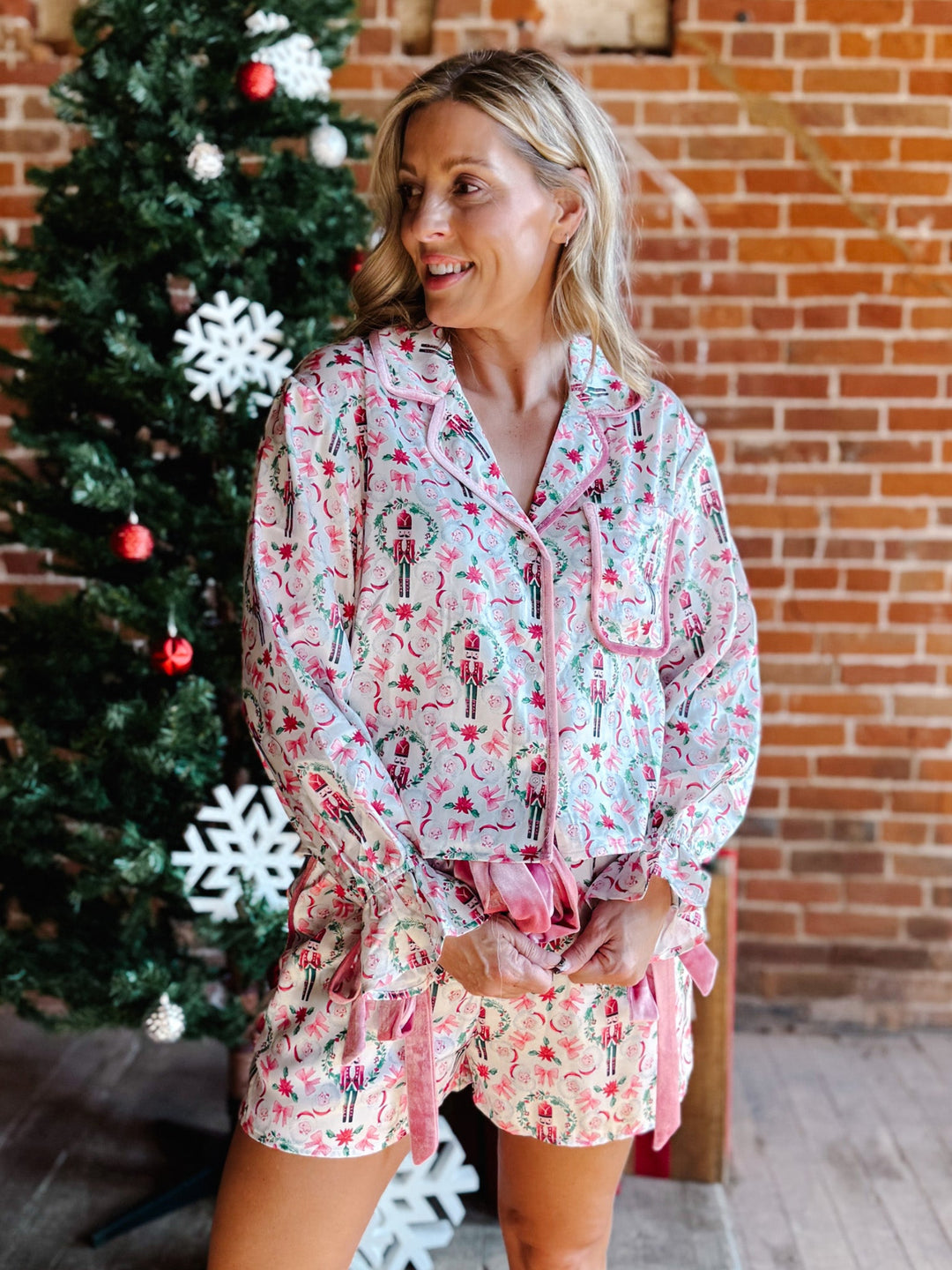 Toy Soldier & Bow Satin Pajamas, Pink