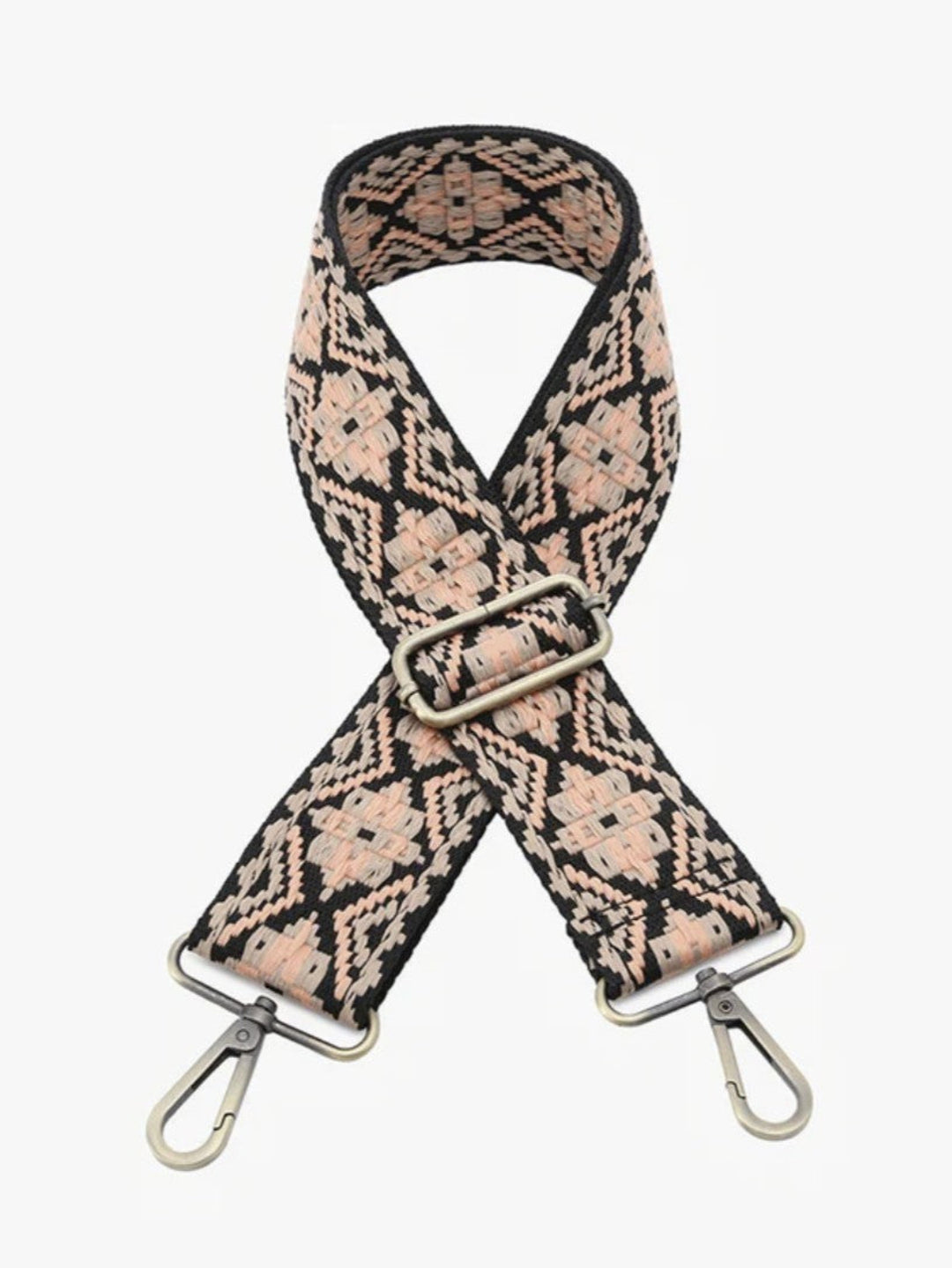 A woven shoulder strap with a geometric diamond pattern in beige and black, featuring silver-tone metal clips and a buckle, shown on a light gray background.
