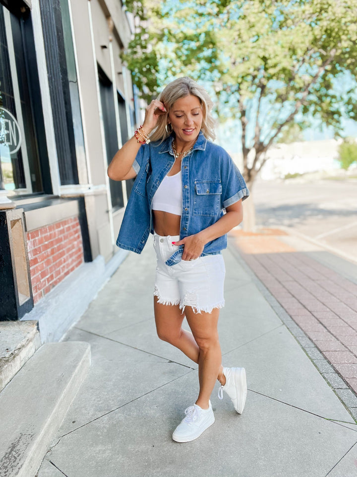 True Blue Denim Short Sleeve Button Up , Medium Wash