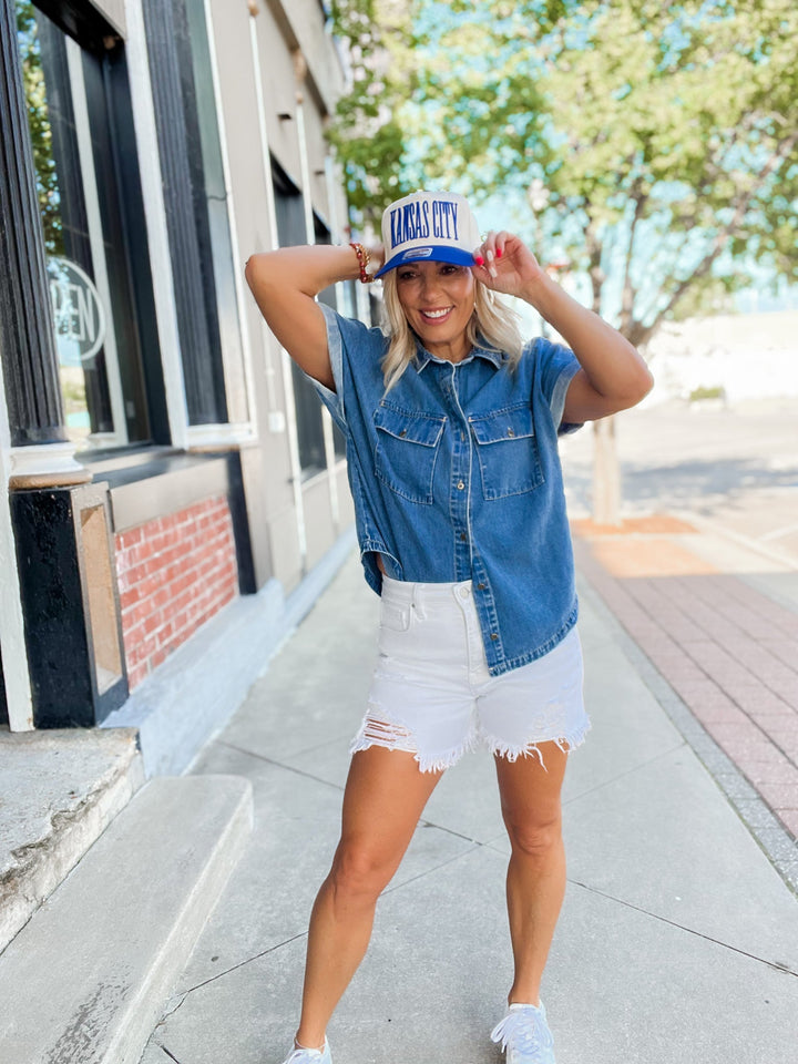 True Blue Denim Short Sleeve Button Up , Medium Wash