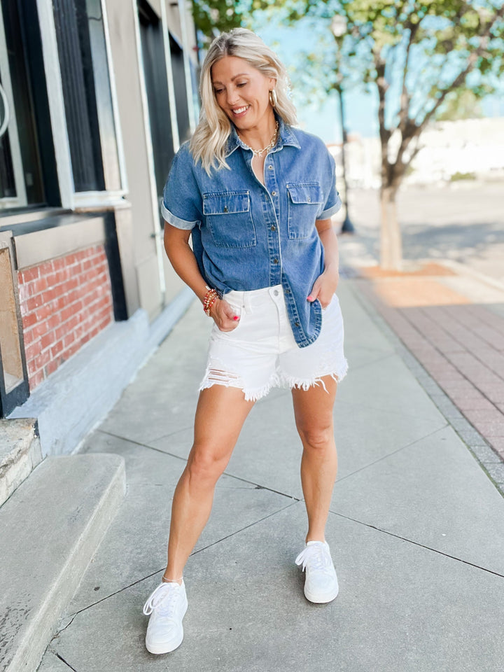 True Blue Denim Short Sleeve Button Up , Medium Wash