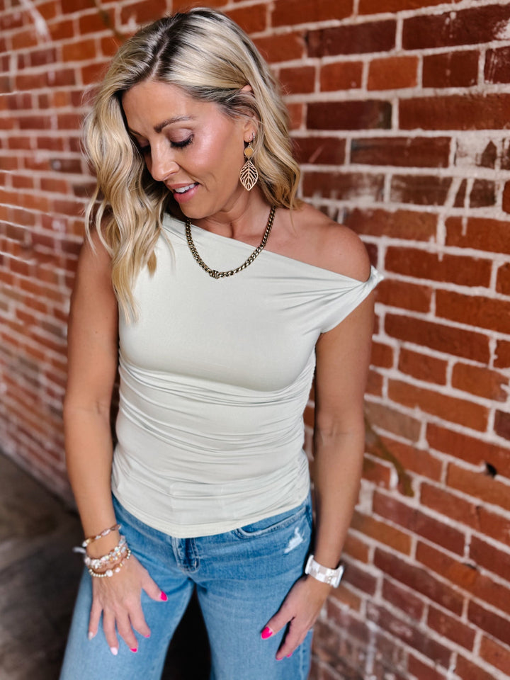 Twist of Fate Asymmetrical Knit Top, Light Olive