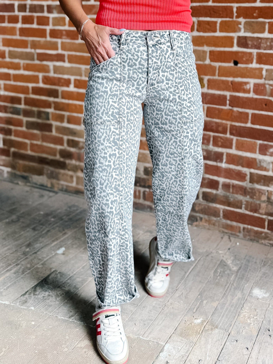Untamed Edge High Rise Utility Barrel Jeans, Leopard Print