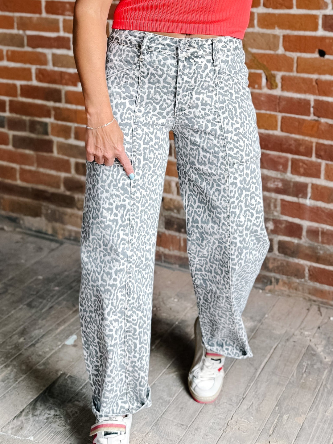 Untamed Edge High Rise Utility Barrel Jeans, Leopard Print