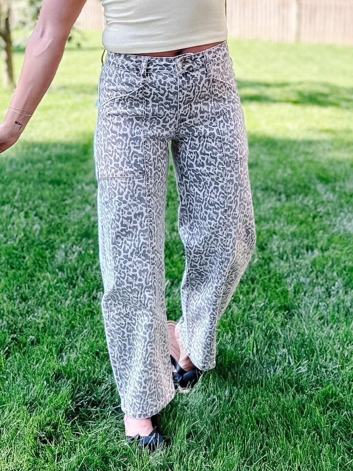 Untamed Edge High Rise Utility Barrel Jeans, Leopard Print