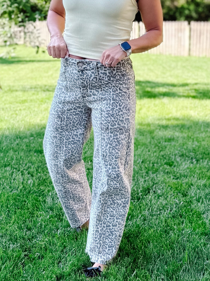 Untamed Edge High Rise Utility Barrel Jeans, Leopard Print