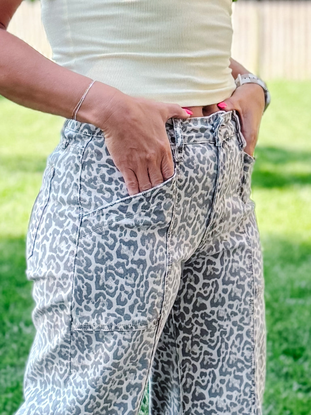 Untamed Edge High Rise Utility Barrel Jeans, Leopard Print