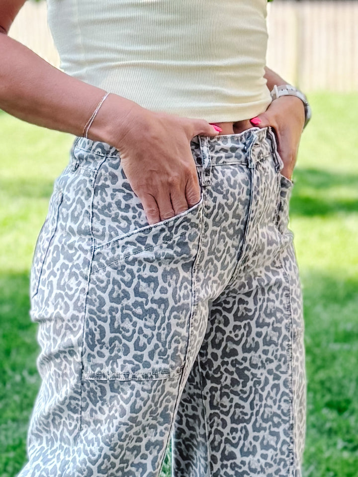 Untamed Edge High Rise Utility Barrel Jeans, Leopard Print