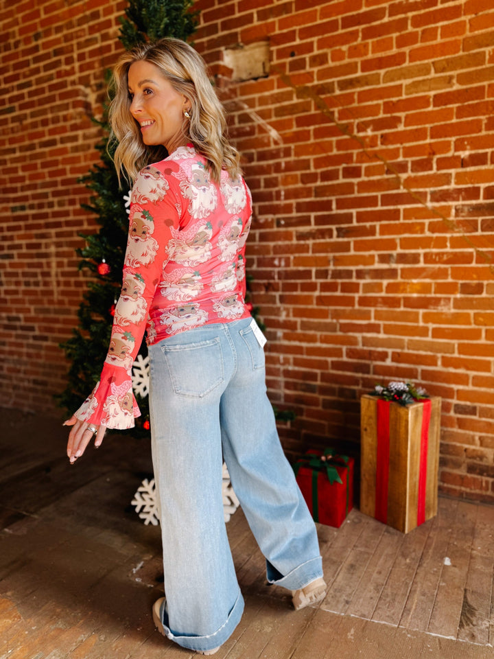 Vintage Santa Mesh Top with Flare Sleeve, Red