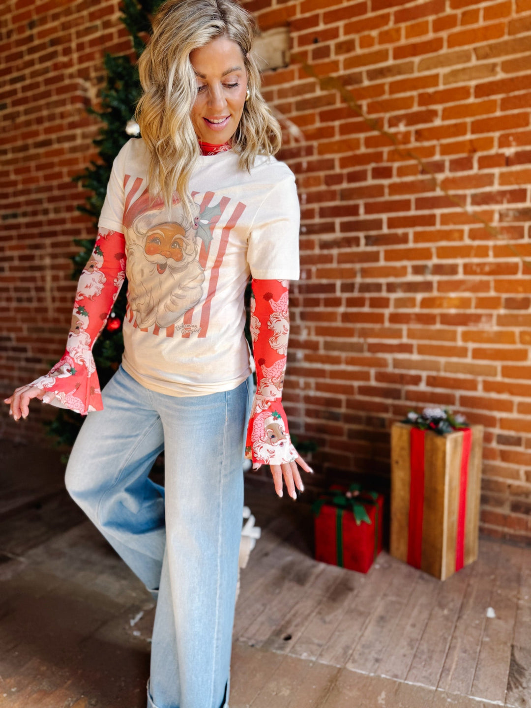 Vintage Santa Mesh Top with Flare Sleeve, Red