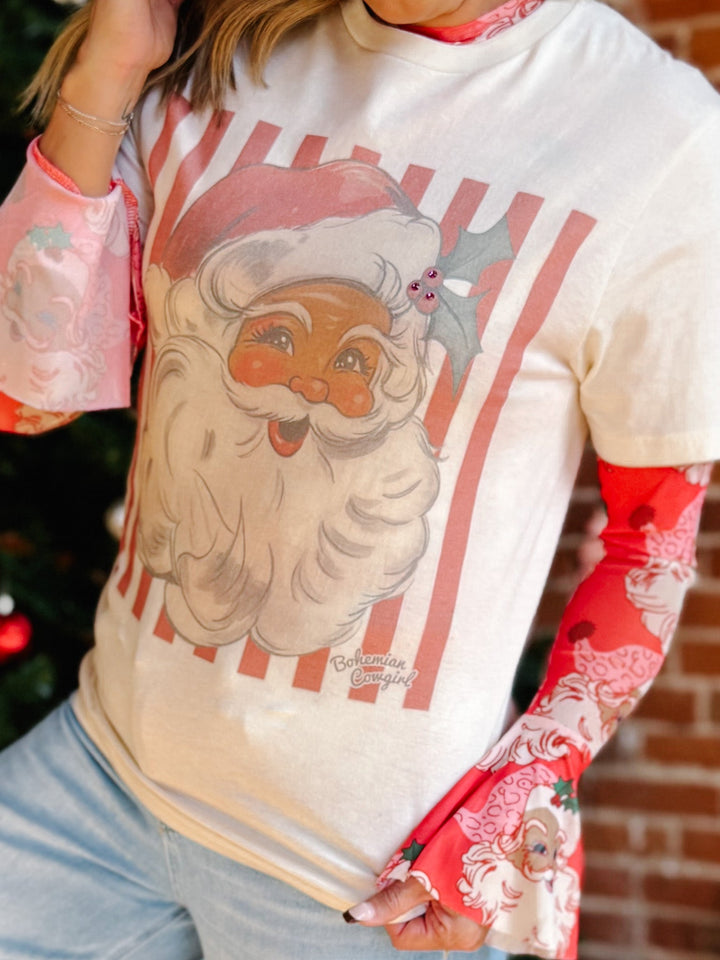 Vintage Santa Stripe Graphic with Rhinestone Accents, Cream