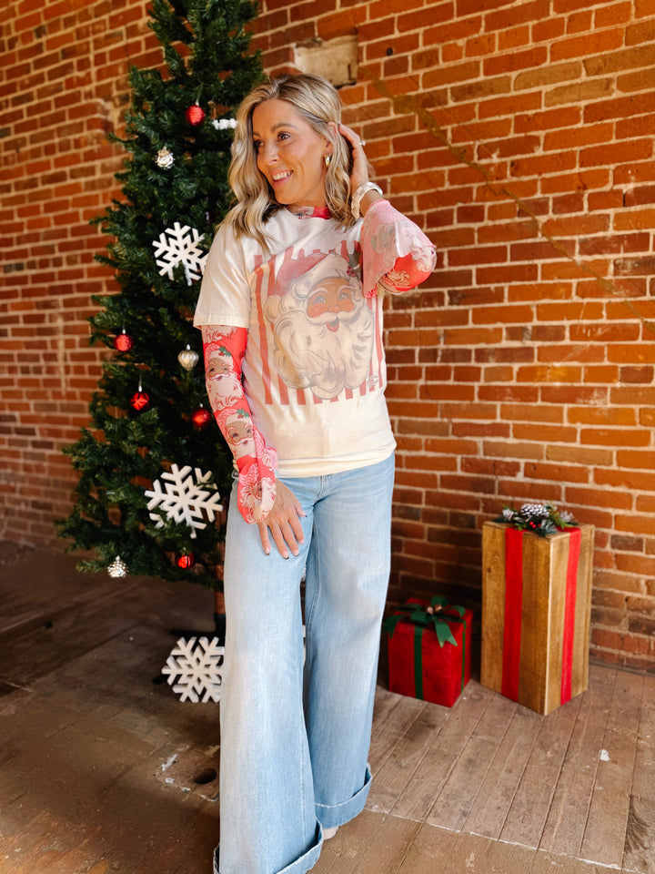 Vintage Santa Stripe Graphic with Rhinestone Accents, Cream