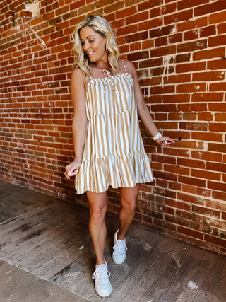 Warm Breeze Stripe Mini Dress, Mocha/White