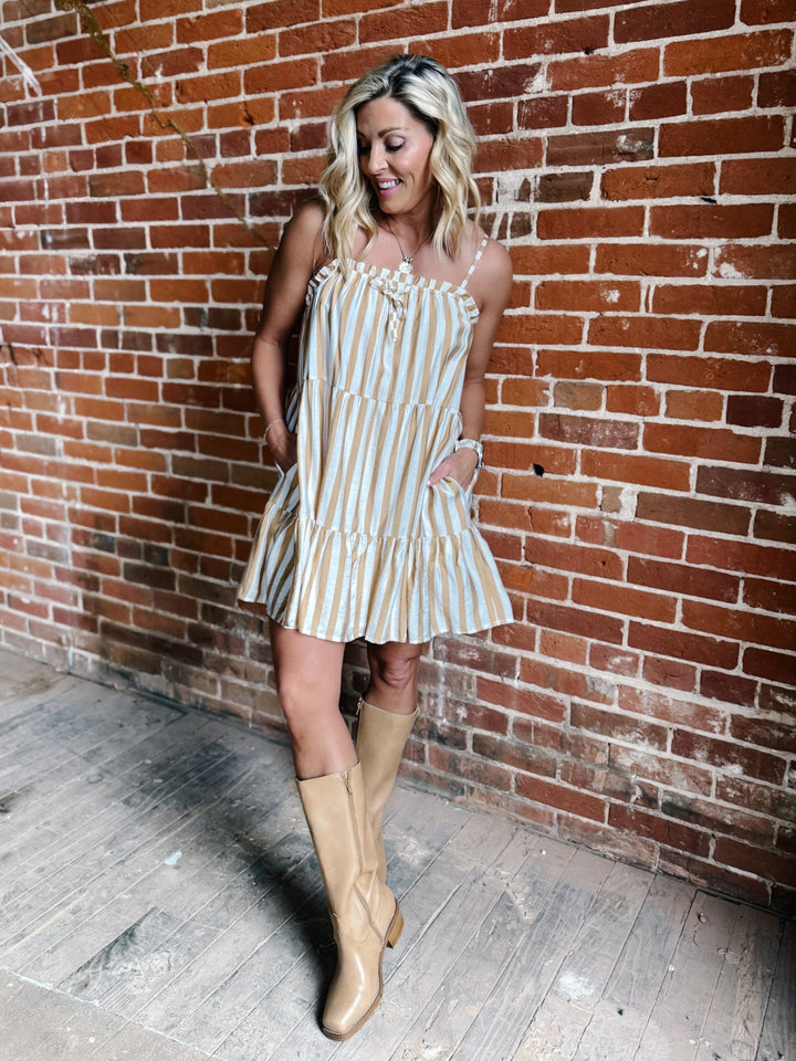 Warm Breeze Stripe Mini Dress, Mocha/White