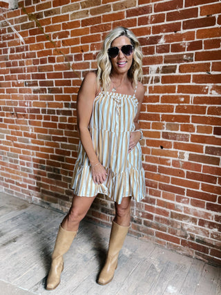 Warm Breeze Stripe Mini Dress, Mocha/White