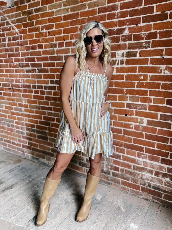 Warm Breeze Stripe Mini Dress, Mocha/White
