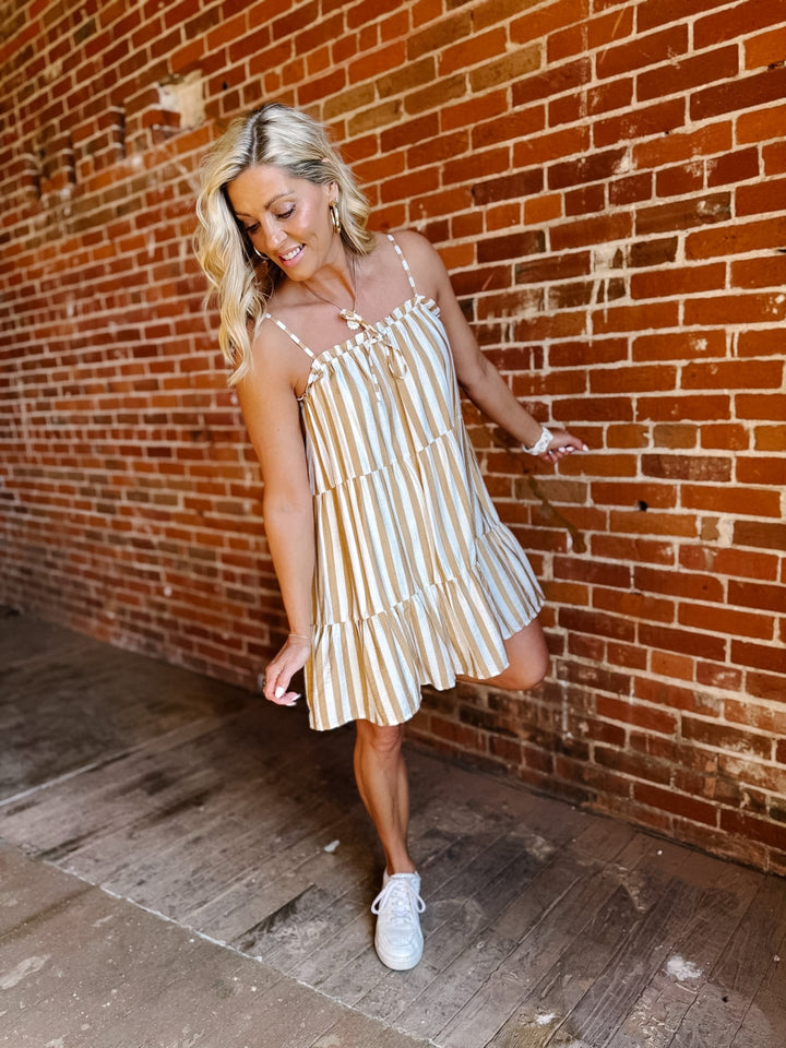 Warm Breeze Stripe Mini Dress, Mocha/White