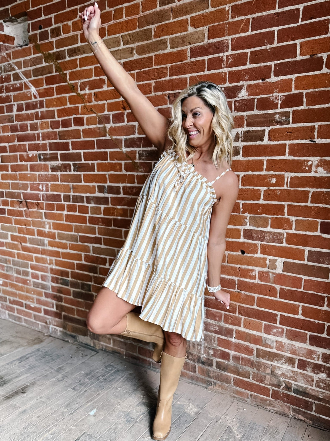 Warm Breeze Stripe Mini Dress, Mocha/White