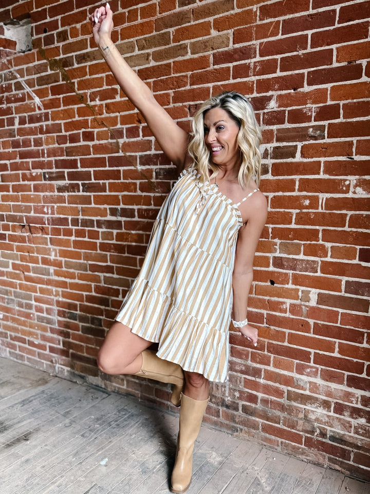 Warm Breeze Stripe Mini Dress, Mocha/White