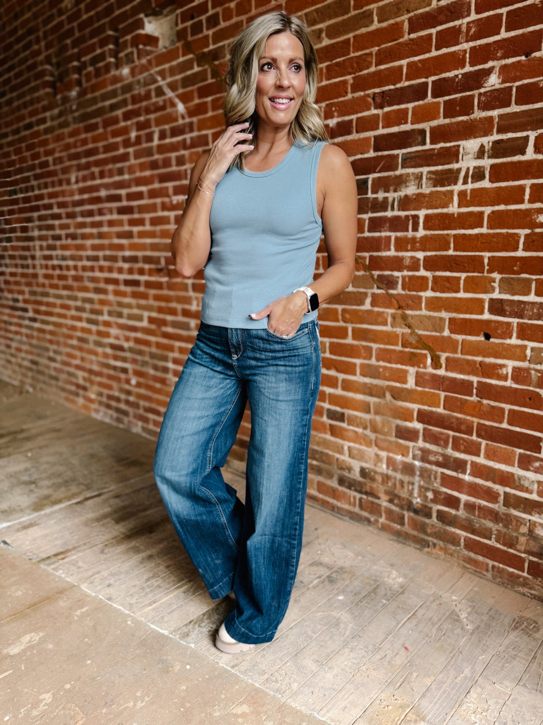 Way of Life Ribbed Tank, Steel Blue