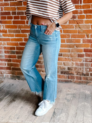 Weekend Light Wash Distressed Cropped Wide Leg Jeans