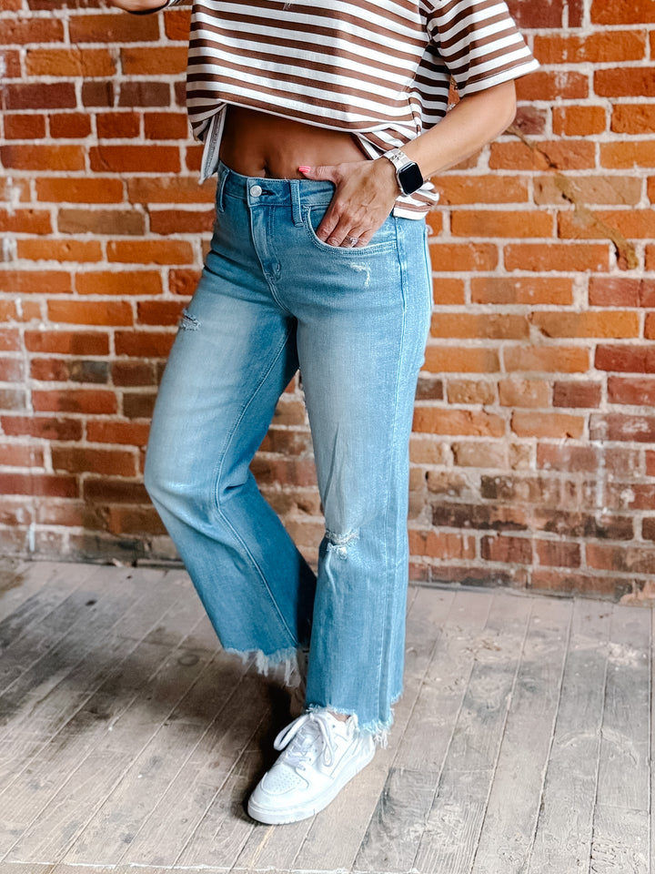 Weekend Light Wash Distressed Cropped Wide Leg Jeans