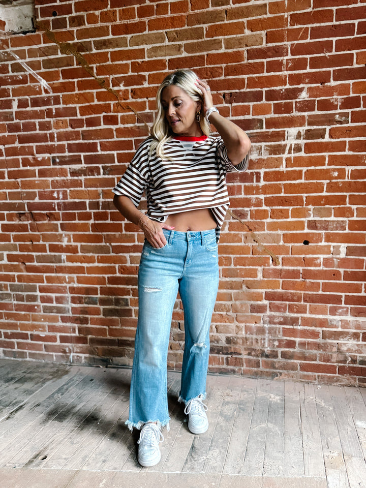 Weekend Light Wash Distressed Cropped Wide Leg Jeans