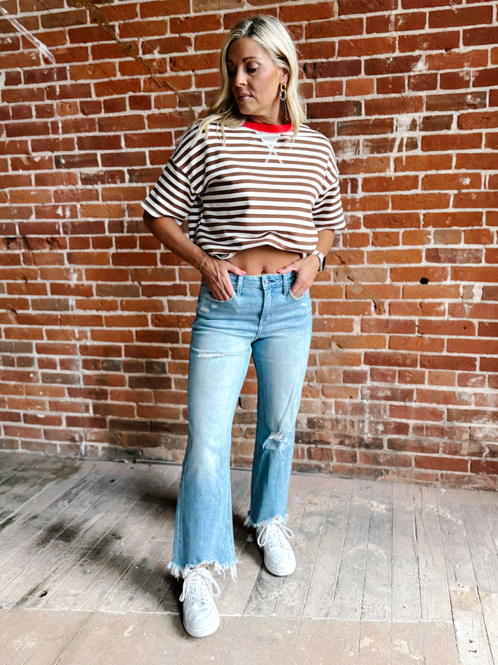 Weekend Light Wash Distressed Cropped Wide Leg Jeans
