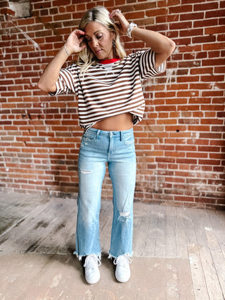 Weekend Light Wash Distressed Cropped Wide Leg Jeans