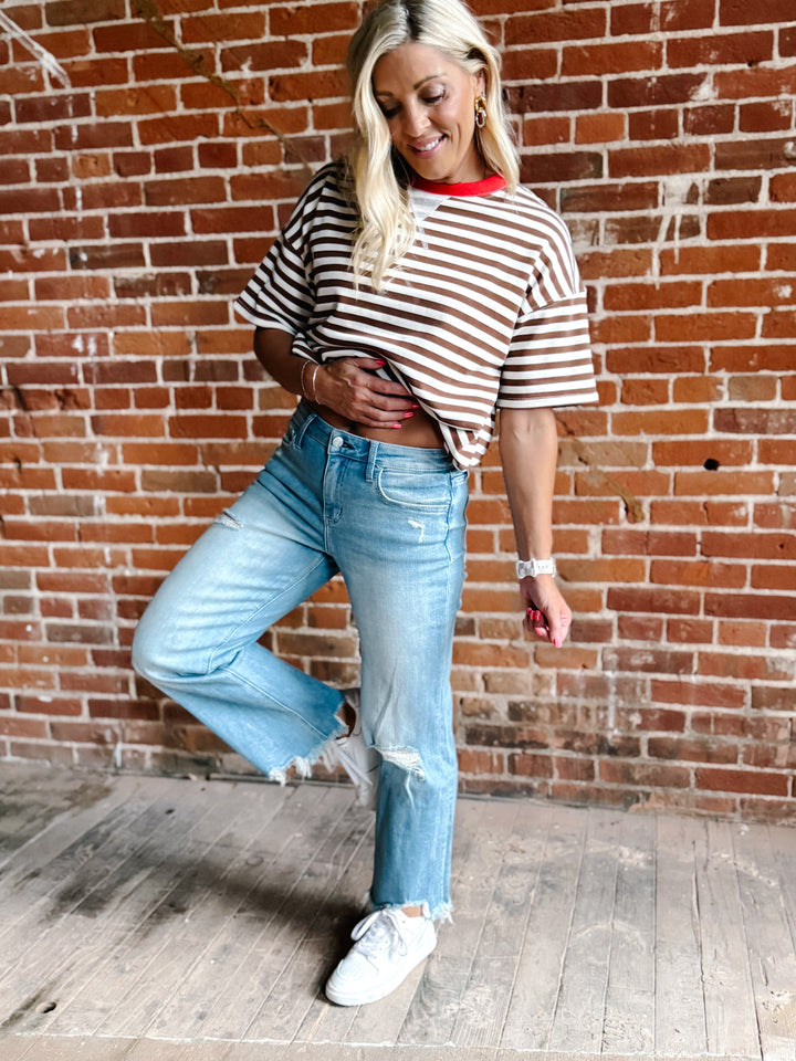 Weekend Light Wash Distressed Cropped Wide Leg Jeans