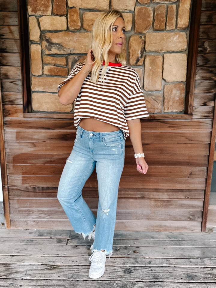 Weekend Light Wash Distressed Cropped Wide Leg Jeans