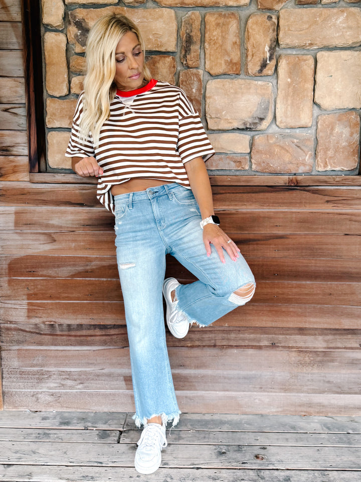 Weekend Light Wash Distressed Cropped Wide Leg Jeans