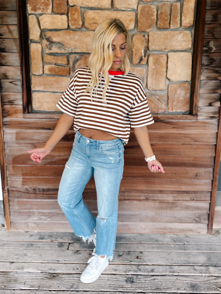 Weekend Light Wash Distressed Cropped Wide Leg Jeans