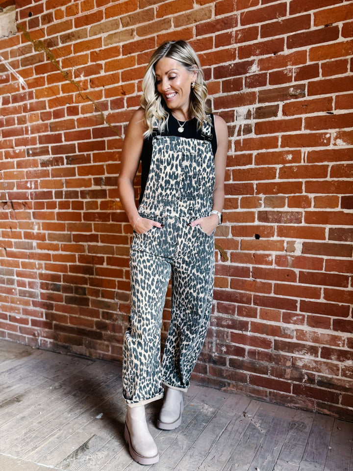 Wild Side Denim Leopard Barrel Overalls, Chestnut