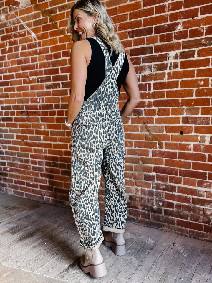 Wild Side Denim Leopard Barrel Overalls, Chestnut