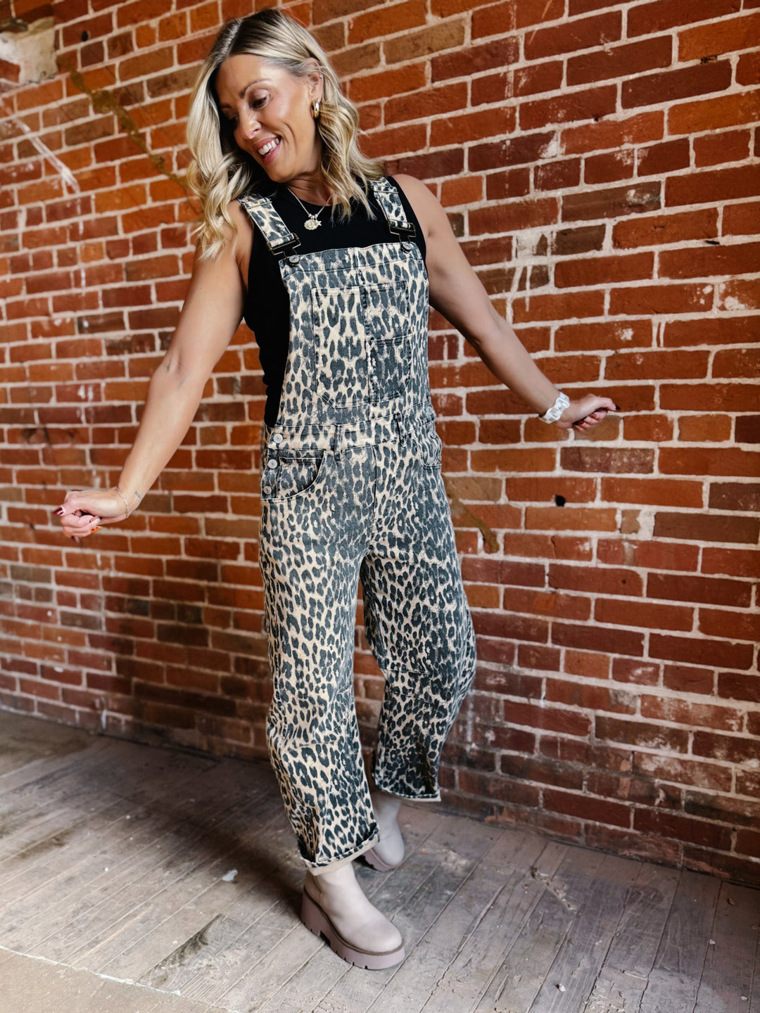 Wild Side Denim Leopard Barrel Overalls, Chestnut